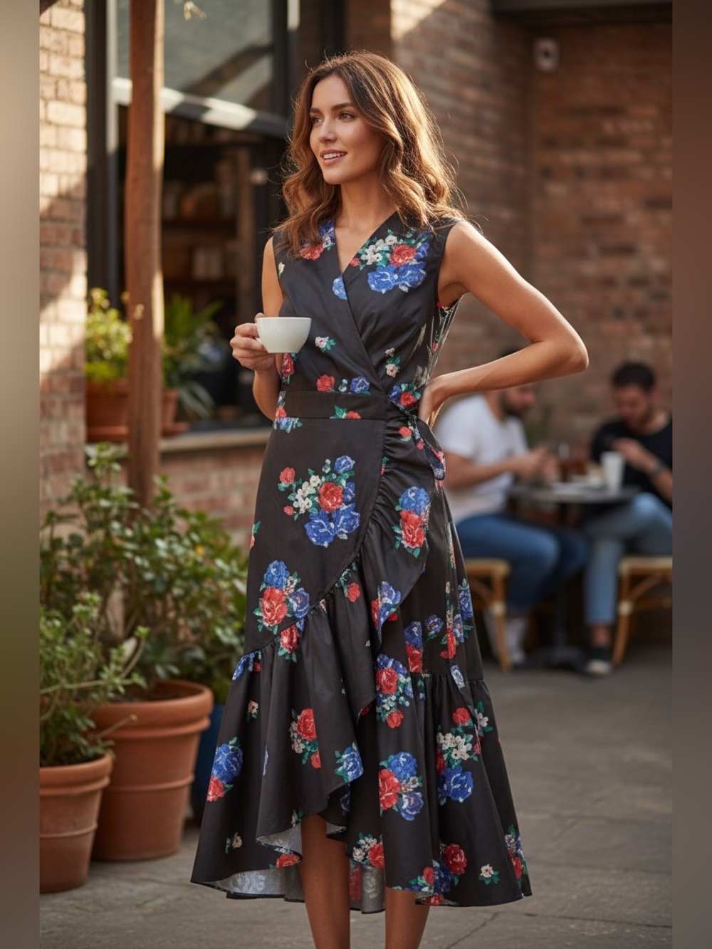 Tory Burch Black Floral High-Low Wrap Dress Sz M